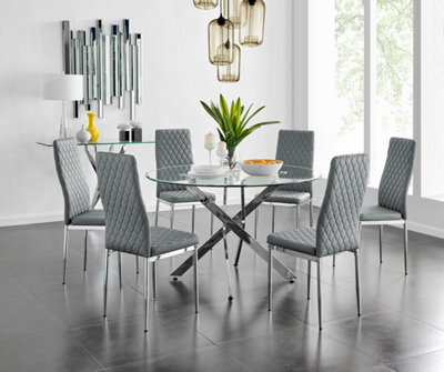 Furniturebox Novara Clear Tempered Glass 120Cm Round Dining Table With Chrome Starburst Legs & 6 Grey Milan Faux Leather Chairs - image 1