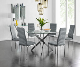 Furniturebox Novara Clear Tempered Glass 120Cm Round Dining Table With Chrome Starburst Legs & 6 Grey Milan Faux Leather Chairs - thumbnail 1