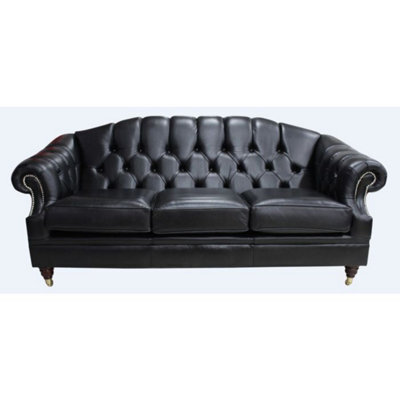 Chesterfield 3 Seater Old English Black Leather Sofa Settee Bespoke In Victoria Style - image 1