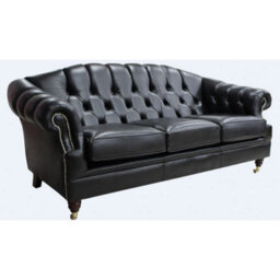 Chesterfield 3 Seater Old English Black Leather Sofa Settee Bespoke In Victoria Style - thumbnail 2