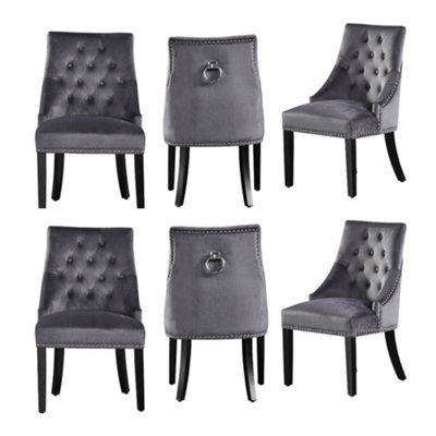 Life Interiors Set Of 6 Dark Grey Velvet Dining Chairs Ergonomic Scoop Knockerback & Button Tufted Wood Legs - image 1