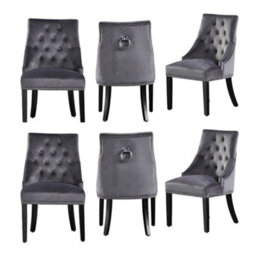 Life Interiors Set Of 6 Dark Grey Velvet Dining Chairs Ergonomic Scoop Knockerback & Button Tufted Wood Legs - thumbnail 1