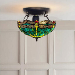 Ceiling Lamp Antique Style Dragonfly 16 Inch Stained Glass Shade Green - thumbnail 3
