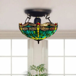 Ceiling Lamp Antique Style Dragonfly 16 Inch Stained Glass Shade Green - thumbnail 1