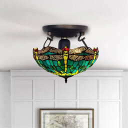 Ceiling Lamp Antique Style Dragonfly 16 Inch Stained Glass Shade Green - thumbnail 4
