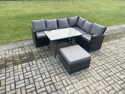 Fimous High Back Outdoor Garden Furniture Set Rattan Corner Sofa Dining Table Set With Big Footstool 7 Seater - image 1