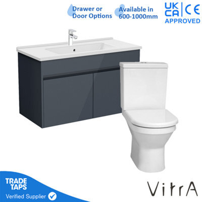 Vitra 1000mm Wall Hung Bathroom Vanity Unit With 2 Doors Includes Basin, Chrome Tap And Close Coupled Toilet Set - Grey Gloss - image 1