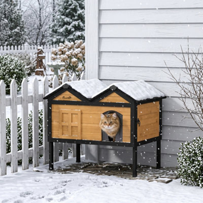 Pawhut Outdoor Wooden Cat House, Insulated Cat Shelter, Raised Base - image 1