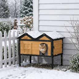 Pawhut Outdoor Wooden Cat House, Insulated Cat Shelter, Raised Base - thumbnail 1