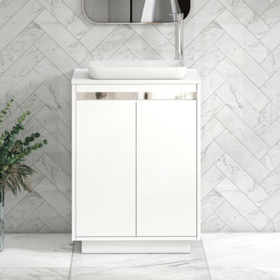 Royal Bathrooms Orion 600mm Matt White Floor Standing Plain White Countertop Vanity Unit 2 Door With Qubix Basin & Chrome Accent Trim - image 1