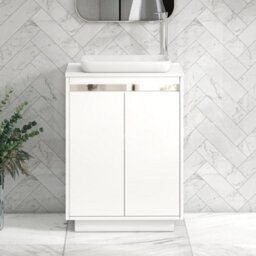 Royal Bathrooms Orion 600mm Matt White Floor Standing Plain White Countertop Vanity Unit 2 Door With Qubix Basin & Chrome Accent Trim