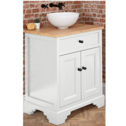 Homestylestore 645mm Antique White And Oak Bathroom Vanity Unit With Round Countertop Basin And Black Round Handles - thumbnail 1
