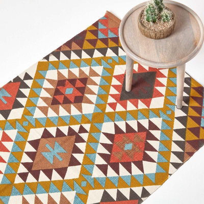 Homescapes Oslo Orange, Brown And Yellow Multi Coloured 100% Cotton Diamond Pattern Rug, 90 X 150 Cm - image 1