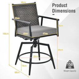 Costway Patio Swivel Bar Stools Set Of 2 Outdoor Counter Height Bar Chairs With Pe Rattan Back - thumbnail 3