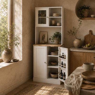 Wyld Haus Tabetti Two-Part White Kitchen Storage Cabinet With Appliance Space And Frosted Glass - image 1
