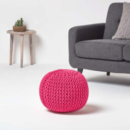 Homescapes Hot Pink Round Cotton Knitted Pouffe Footstool - thumbnail 2
