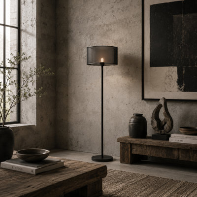 Wyld Haus Mira Black Metal And Fabric Floor Lamp With Double Layer Shade And Foot Switch - image 1