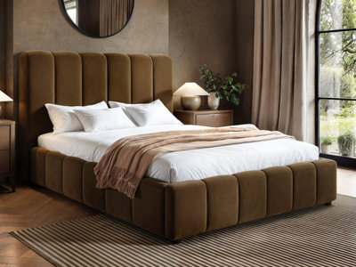 Solace+Co Emilie Ribbed Double Ottoman Bed Brown Velvet