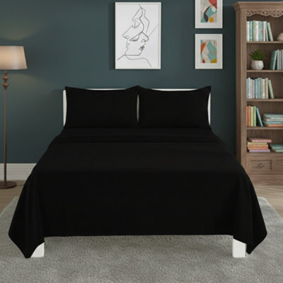 Easy Care Flat Bed Sheet Polycotton Durable Low Maintenance Bedding Black - image 1