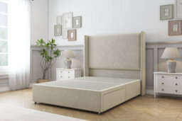 "Sloomy Devonshire Cream Plush Divan Bed Base 2 Drawers Foot-End With 54"" Wingback Headboard 6' Super King"