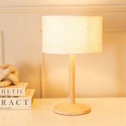 Valuelights Triston Natural Light Wood Stem Table Lamp With Linen White Trim Drum Lamp Shade And Led Bulb