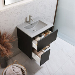 Homestylestore Black Grey 612mm Wall Hung Bathroom Vanity Unit Led Lit Open Shelf And Pebble Basin - thumbnail 2