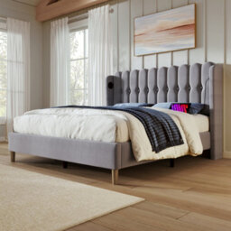 Btm Double Upholstered Bed Usb Type C Charging Linen Frame 4Ft6 135X190Cm Teen Bed Grey No Mattress - thumbnail 3