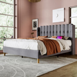Btm Double Upholstered Bed Usb Type C Charging Linen Frame 4Ft6 135X190Cm Teen Bed Grey No Mattress - thumbnail 6