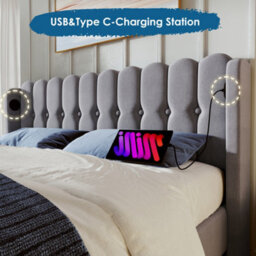 Btm Double Upholstered Bed Usb Type C Charging Linen Frame 4Ft6 135X190Cm Teen Bed Grey No Mattress - thumbnail 5