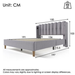 Btm Double Upholstered Bed Usb Type C Charging Linen Frame 4Ft6 135X190Cm Teen Bed Grey No Mattress