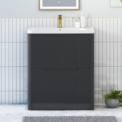 Royal Bathrooms Avenza 700mm Fluted Floor Standing Vanity Unit Matt Obsidian Black 2 Drawer Storage Cabinet With Ceramic Basin - image 1