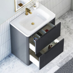 Royal Bathrooms Avenza 700mm Fluted Floor Standing Vanity Unit Matt Obsidian Black 2 Drawer Storage Cabinet With Ceramic Basin - thumbnail 3