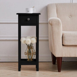 02 Black Wooden Sofa Side Table With Shelf & Drawer Bedside Table Cabinet Storage Stand - thumbnail 1