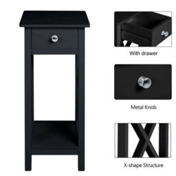 02 Black Wooden Sofa Side Table With Shelf & Drawer Bedside Table Cabinet Storage Stand - thumbnail 3
