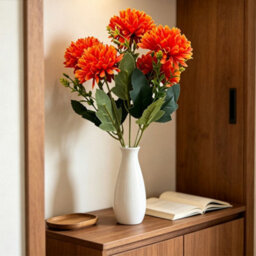 Amorly 4 Pack Artificial Chrysanthemum Bouquets, 5 Heads Deep Orange Faux Ball Mum Flowers, Fake Floral Stems For Fall Wedding Vase Decor - thumbnail 4