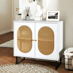Gainoom White Buffet Cabinet Rattan Storage Cabinet Accent Floor Cabinet Boho Sideboard - thumbnail 3