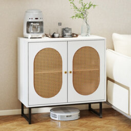 Gainoom White Buffet Cabinet Rattan Storage Cabinet Accent Floor Cabinet Boho Sideboard - thumbnail 4