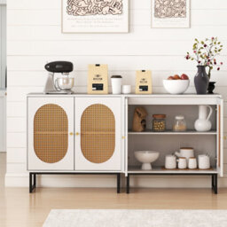 Gainoom White Buffet Cabinet Rattan Storage Cabinet Accent Floor Cabinet Boho Sideboard - thumbnail 5