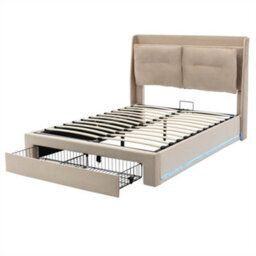 Abrihome Upholstered Double Bed, 135X190(4Ft6), 2-In-1 Storage Drawers, Recessed Led Light Strips On Both Sides Of The Bed, Velvet,beige - thumbnail 6