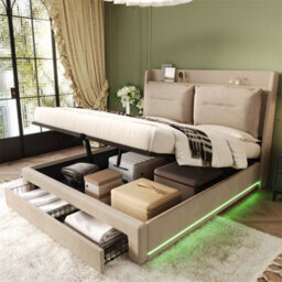 Abrihome Upholstered Double Bed, 135X190(4Ft6), 2-In-1 Storage Drawers, Recessed Led Light Strips On Both Sides Of The Bed, Velvet,beige - thumbnail 1