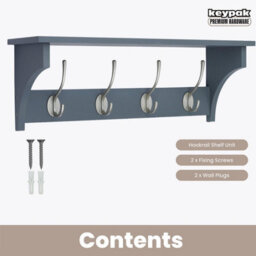 Keypak Grey Wall Wooden Coat Rack With Shelf Combo 56Cm, 4 Satin Nickel Hooks, Hallway, Bedroom, Bathroom - Wall Mounted Coat Rack - thumbnail 4