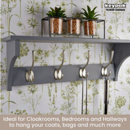 Keypak Grey Wall Wooden Coat Rack With Shelf Combo 56Cm, 4 Satin Nickel Hooks, Hallway, Bedroom, Bathroom - Wall Mounted Coat Rack - thumbnail 5