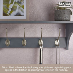 Keypak Grey Wall Wooden Coat Rack With Shelf Combo 56Cm, 4 Satin Nickel Hooks, Hallway, Bedroom, Bathroom - Wall Mounted Coat Rack - thumbnail 6