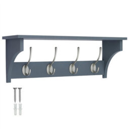 Keypak Grey Wall Wooden Coat Rack With Shelf Combo 56Cm, 4 Satin Nickel Hooks, Hallway, Bedroom, Bathroom - Wall Mounted Coat Rack