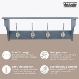 Keypak Grey Wall Wooden Coat Rack With Shelf Combo 56Cm, 4 Satin Nickel Hooks, Hallway, Bedroom, Bathroom - Wall Mounted Coat Rack - thumbnail 2