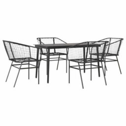 Berkfield Durable 5 Piece Garden Dining Set Black Poly Rattan Glass - thumbnail 1