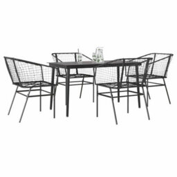 Berkfield Durable 5 Piece Garden Dining Set Black Poly Rattan Glass - thumbnail 2