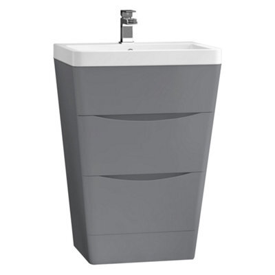 Sundaze 600mm Gloss Grey 2 Drawer Floor Standing Cabinet Storage Furniture Vanity Sink Unit - image 1