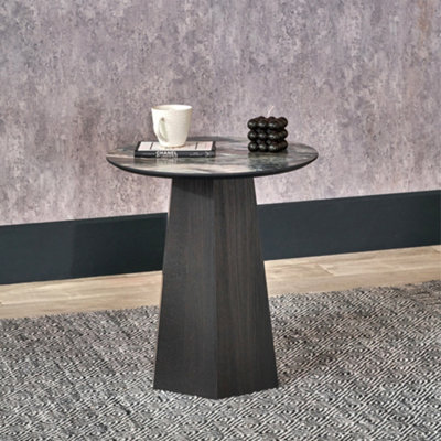 Pacific Lifestyle Jade Marble Effect Round Side Table With Dark Oak Geometric Base 50Cm, Myana - image 1