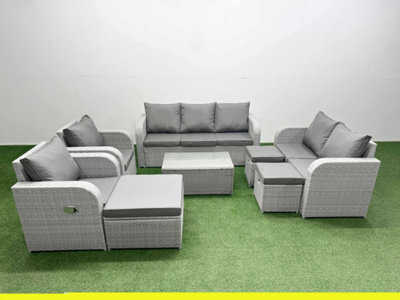 Fimous Pe Rattan Garden Furniture Set Adjustable Chair Sofa 2 Seater Sofa Lounge Set Oblong Coffee Table 3 Stools Light Grey - image 1